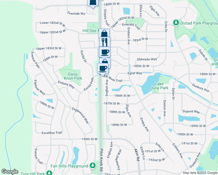map of restaurants, bars, coffee shops, grocery stores, and more near 18570 English Avenue in Farmington