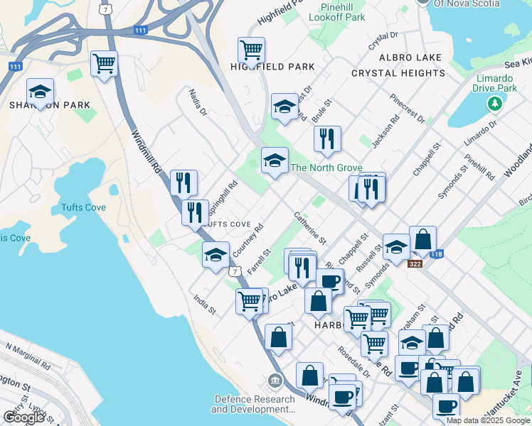map of restaurants, bars, coffee shops, grocery stores, and more near 39 Courtney Road in Dartmouth