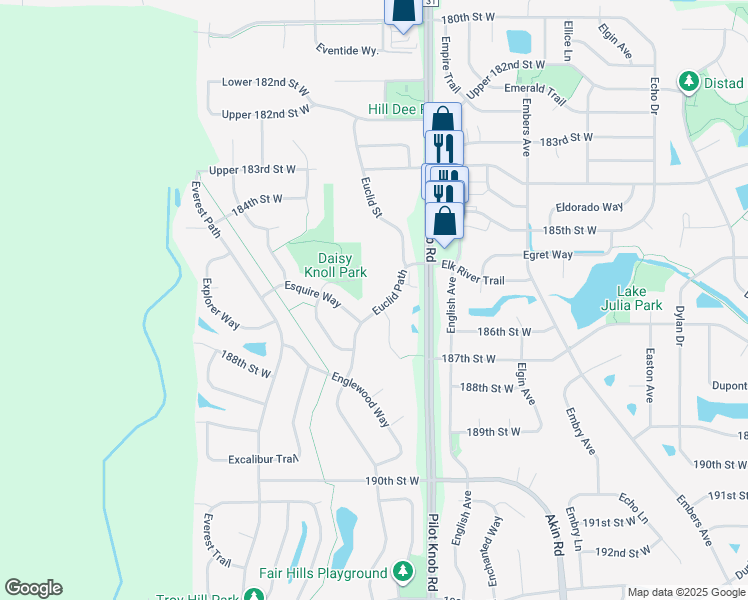 map of restaurants, bars, coffee shops, grocery stores, and more near 18641 Euclid Path in Farmington
