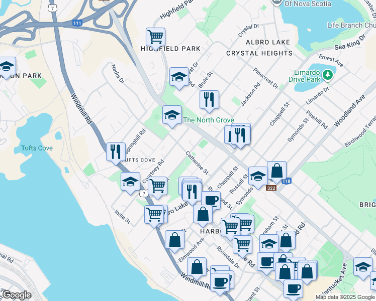 map of restaurants, bars, coffee shops, grocery stores, and more near 59 Farrell Street in Dartmouth