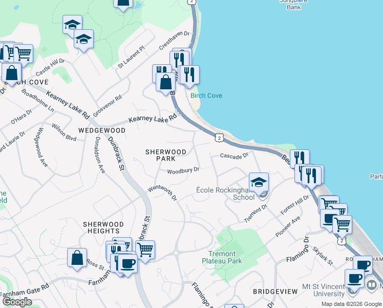 map of restaurants, bars, coffee shops, grocery stores, and more near 4B Rockhaven Drive in Halifax