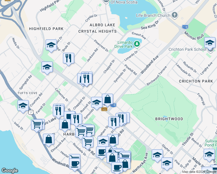 map of restaurants, bars, coffee shops, grocery stores, and more near 87 Symonds Street in Dartmouth