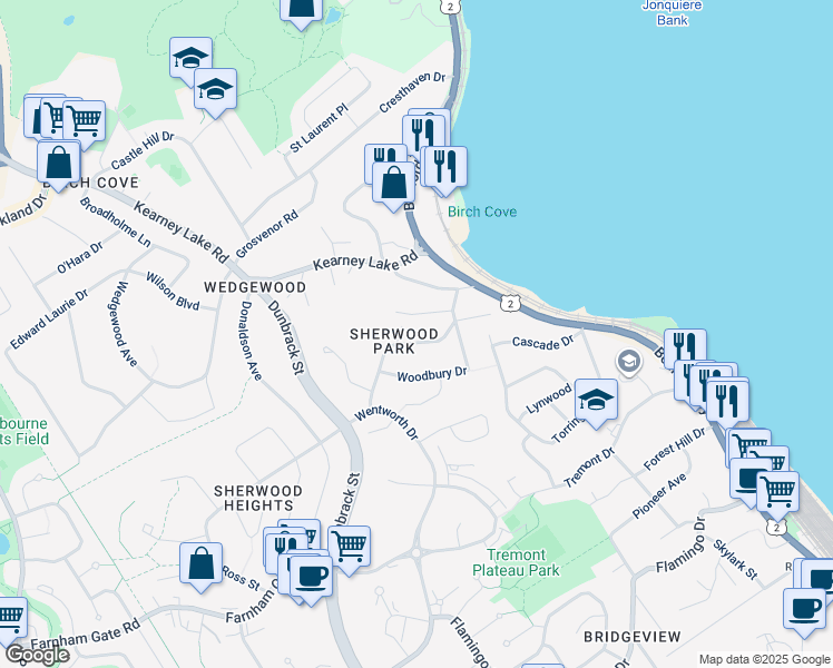 map of restaurants, bars, coffee shops, grocery stores, and more near 17 Rockhaven Drive in Halifax