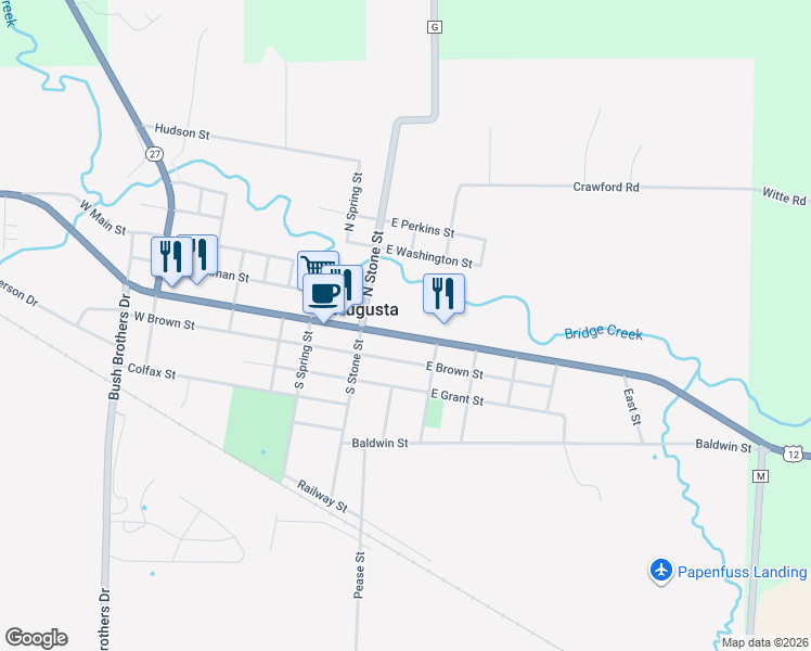 map of restaurants, bars, coffee shops, grocery stores, and more near 207 North Stone Street in Augusta