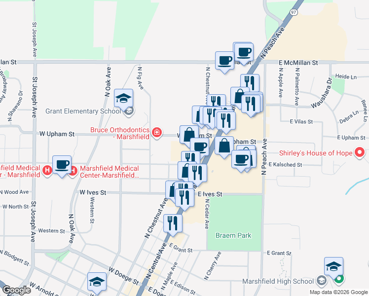 map of restaurants, bars, coffee shops, grocery stores, and more near 244-318 West Upham Street in Marshfield