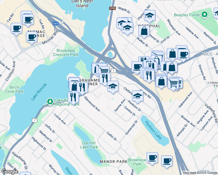 map of restaurants, bars, coffee shops, grocery stores, and more near 347 Prince Albert Road in Dartmouth