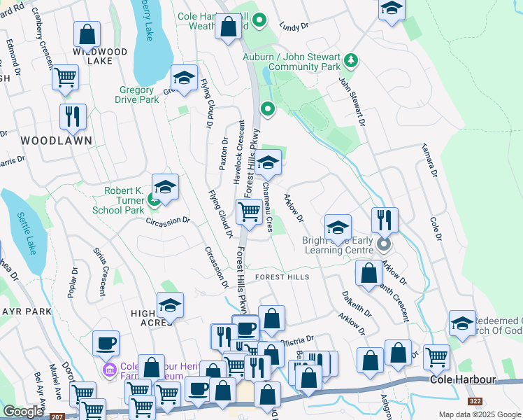 map of restaurants, bars, coffee shops, grocery stores, and more near 7 Baron Court in Dartmouth