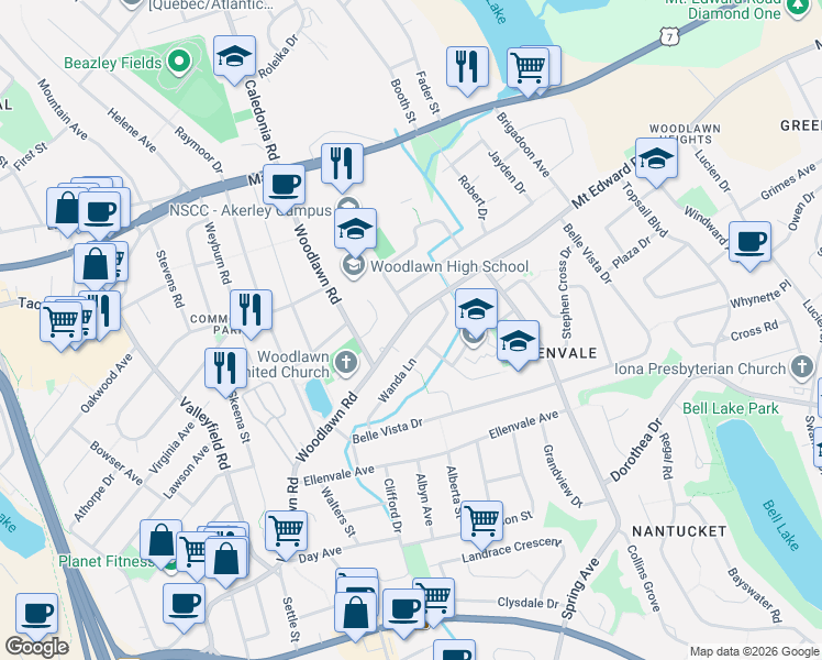 map of restaurants, bars, coffee shops, grocery stores, and more near 19 Mount Edward Road in Dartmouth