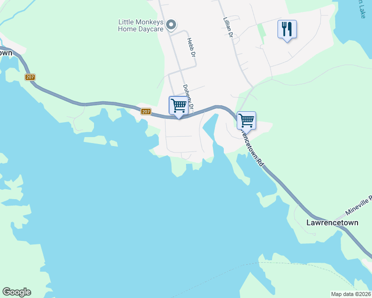 map of restaurants, bars, coffee shops, grocery stores, and more near 15 Cathy Court in Lawrencetown