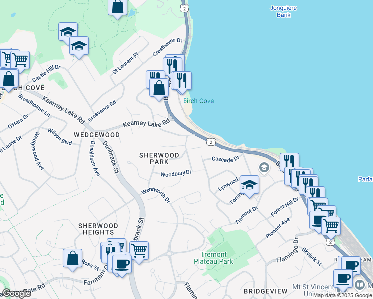 map of restaurants, bars, coffee shops, grocery stores, and more near Woodbury Drive in Halifax