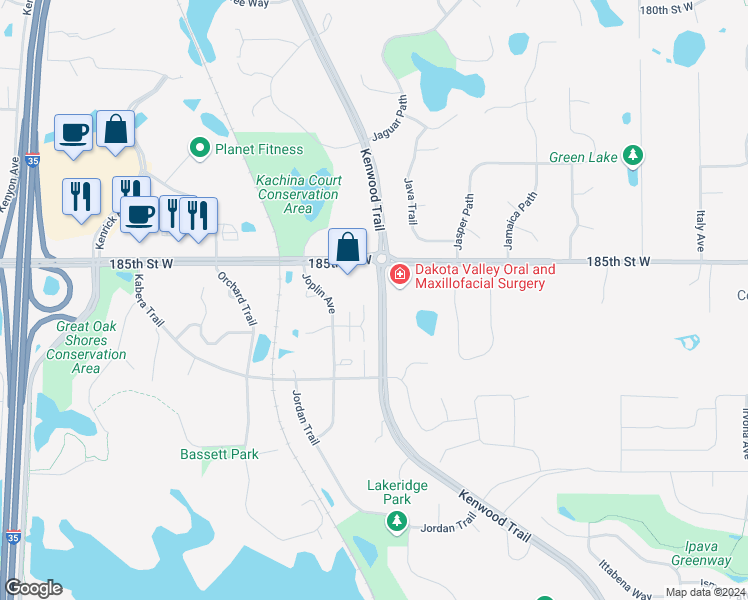 map of restaurants, bars, coffee shops, grocery stores, and more near 18584 Joplin Avenue in Lakeville