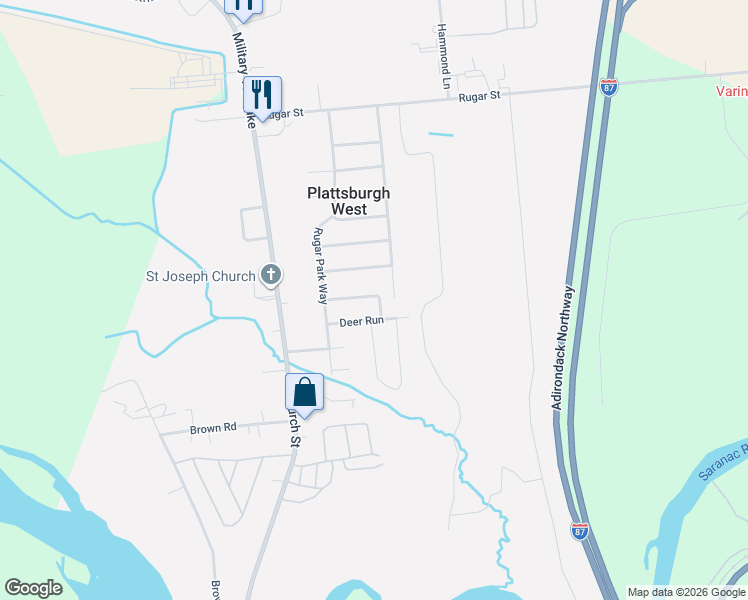 map of restaurants, bars, coffee shops, grocery stores, and more near 2 Mallard Dr in Plattsburgh