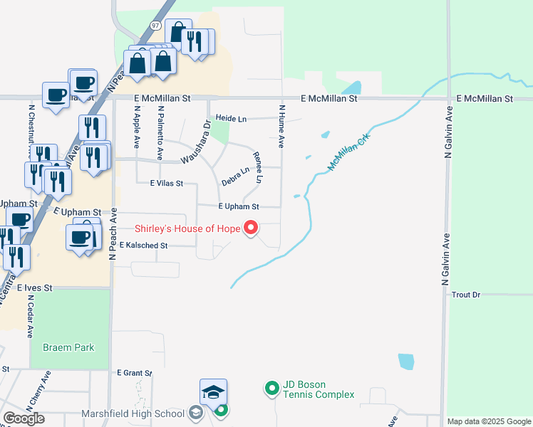map of restaurants, bars, coffee shops, grocery stores, and more near 1704 East Upham Street in Marshfield