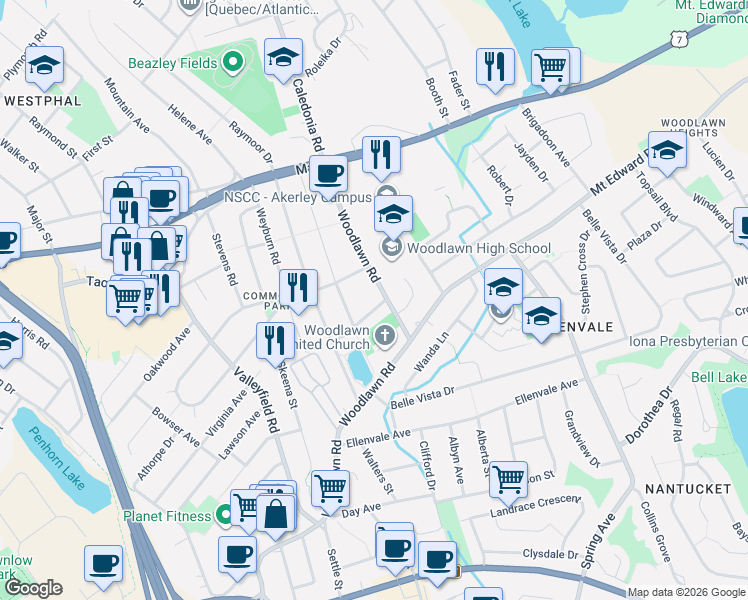 map of restaurants, bars, coffee shops, grocery stores, and more near 4 Shawinigan Road in Dartmouth