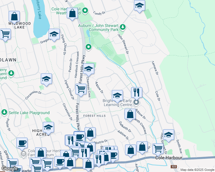 map of restaurants, bars, coffee shops, grocery stores, and more near 30 Hugh Allen Drive in Dartmouth