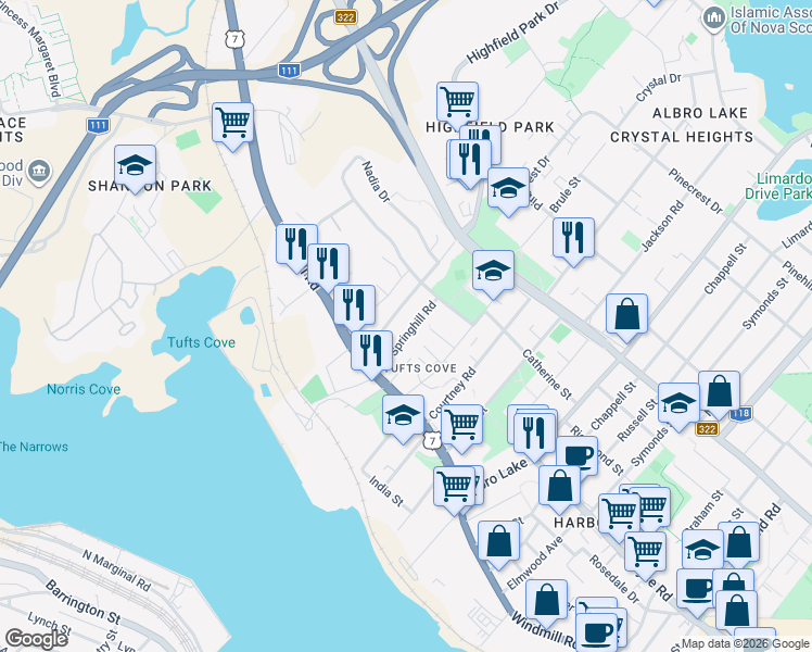map of restaurants, bars, coffee shops, grocery stores, and more near 15 Springhill Road in Dartmouth