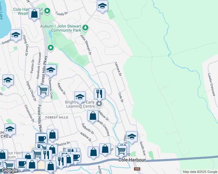 map of restaurants, bars, coffee shops, grocery stores, and more near 30 Inglewood Crescent in Dartmouth