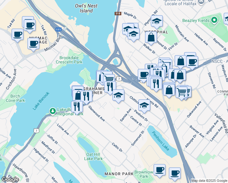 map of restaurants, bars, coffee shops, grocery stores, and more near 347 Prince Albert Road in Dartmouth