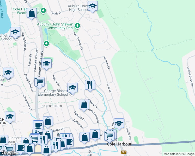 map of restaurants, bars, coffee shops, grocery stores, and more near 34 Inglewood Crescent in Dartmouth