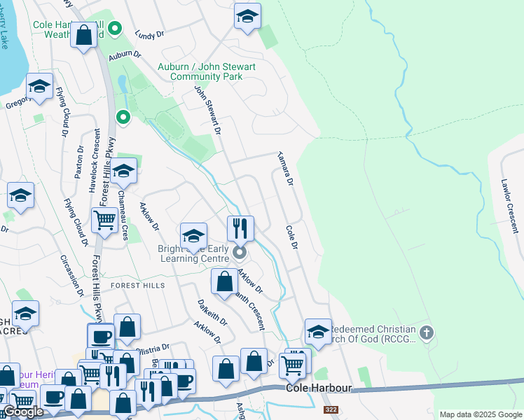map of restaurants, bars, coffee shops, grocery stores, and more near 34 Inglewood Crescent in Dartmouth