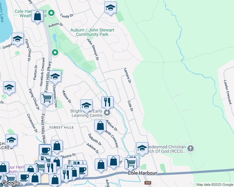 map of restaurants, bars, coffee shops, grocery stores, and more near 34 Inglewood Crescent in Dartmouth