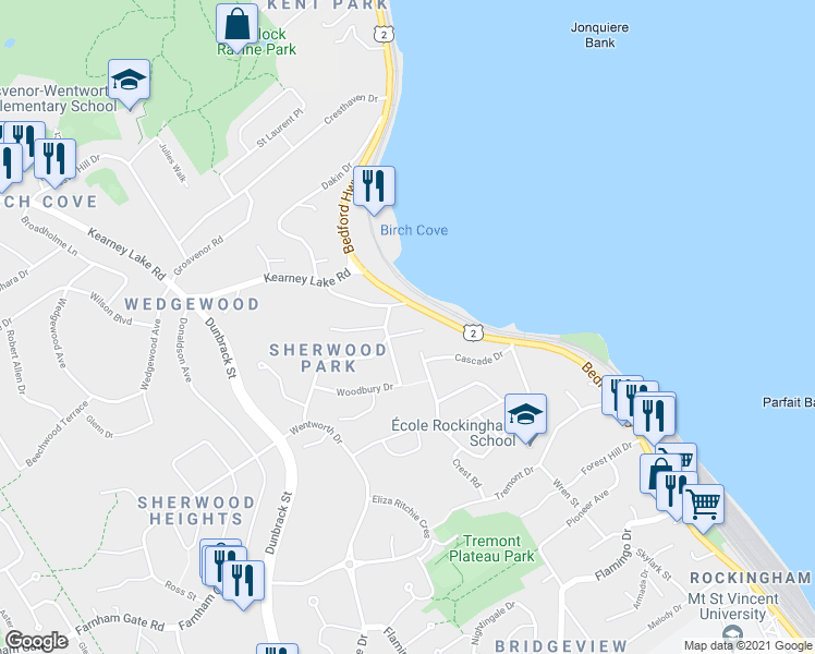 map of restaurants, bars, coffee shops, grocery stores, and more near 20 Four Mile Lane in Halifax
