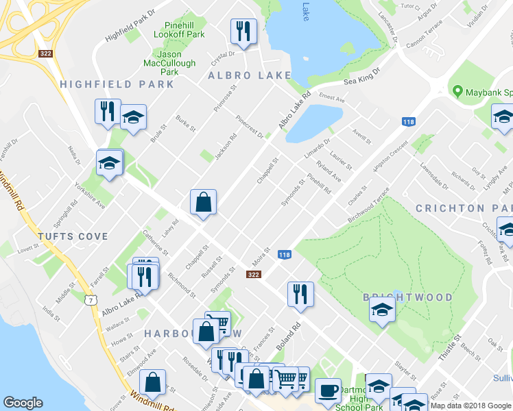map of restaurants, bars, coffee shops, grocery stores, and more near 93 Russell Street in Dartmouth