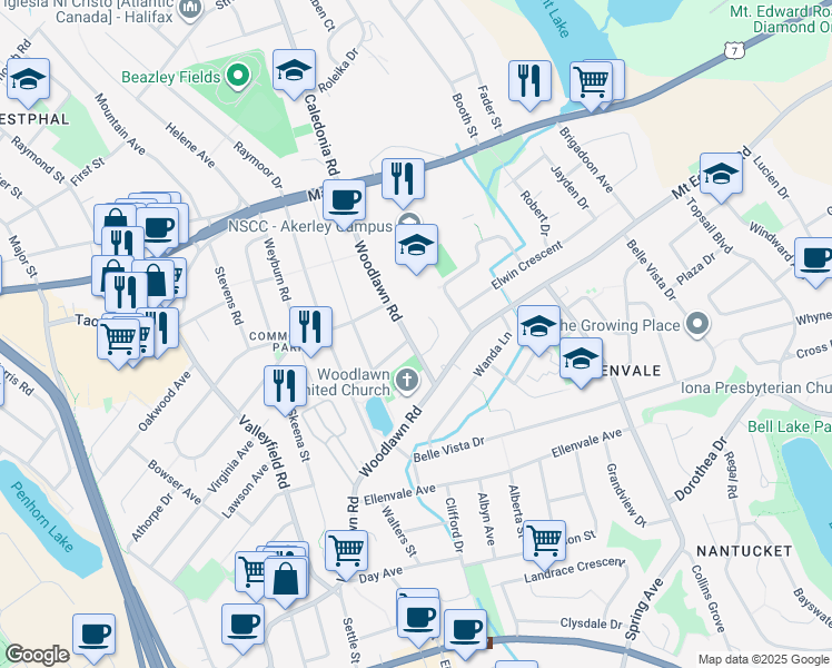 map of restaurants, bars, coffee shops, grocery stores, and more near 41 Woodlawn Road in Dartmouth