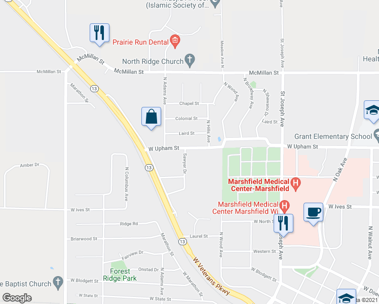 map of restaurants, bars, coffee shops, grocery stores, and more near 1809 Sawyer Drive in Marshfield