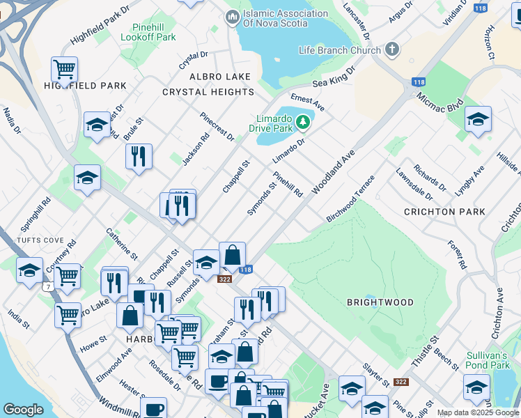 map of restaurants, bars, coffee shops, grocery stores, and more near 104 Symonds Street in Dartmouth