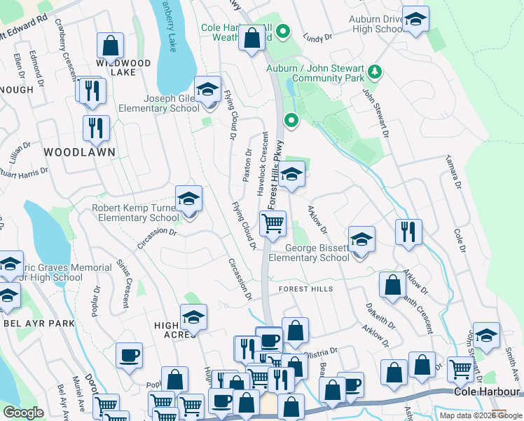 map of restaurants, bars, coffee shops, grocery stores, and more near 27 Havelock Crescent in Dartmouth