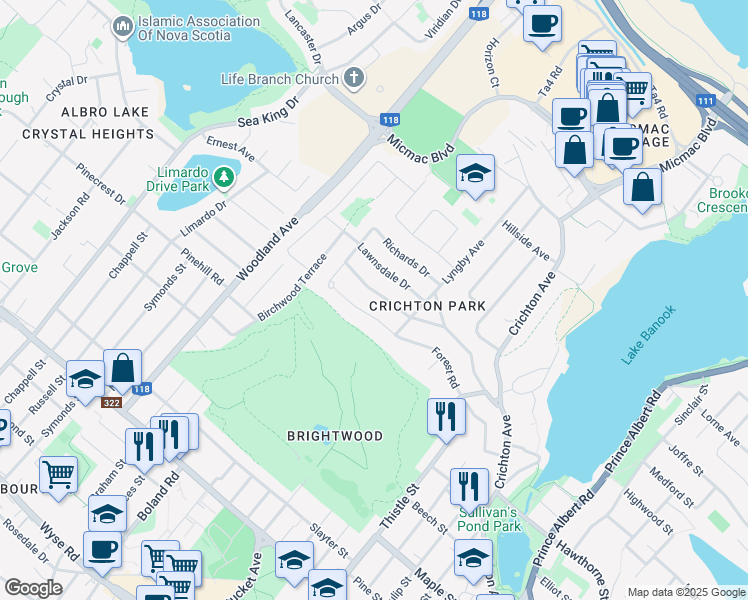 map of restaurants, bars, coffee shops, grocery stores, and more near 21 Clearview Crescent in Dartmouth