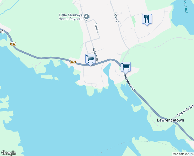map of restaurants, bars, coffee shops, grocery stores, and more near 15 Cathy Court in Lawrencetown
