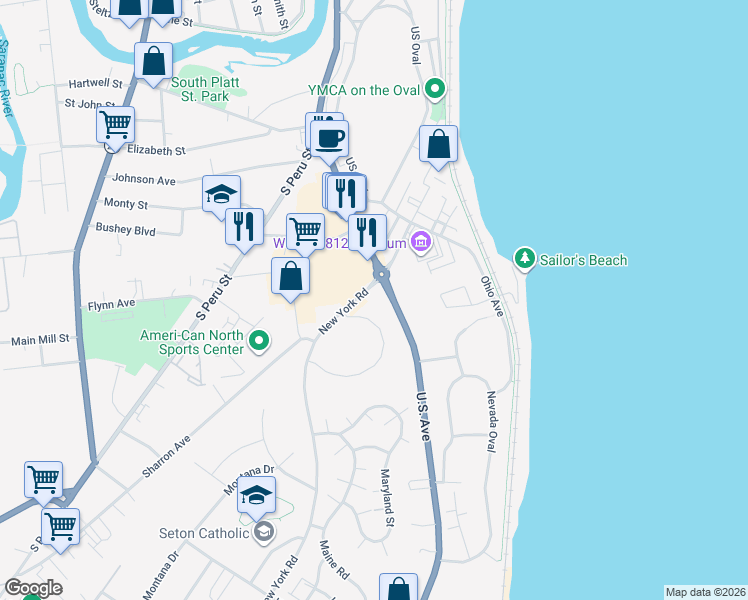 map of restaurants, bars, coffee shops, grocery stores, and more near 5023 U.S. Ave in Plattsburgh