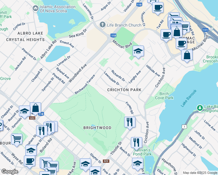 map of restaurants, bars, coffee shops, grocery stores, and more near 21 Clearview Crescent in Dartmouth