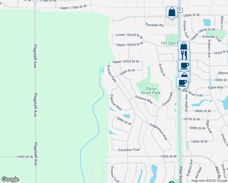 map of restaurants, bars, coffee shops, grocery stores, and more near 18552 Explorer Way in Farmington
