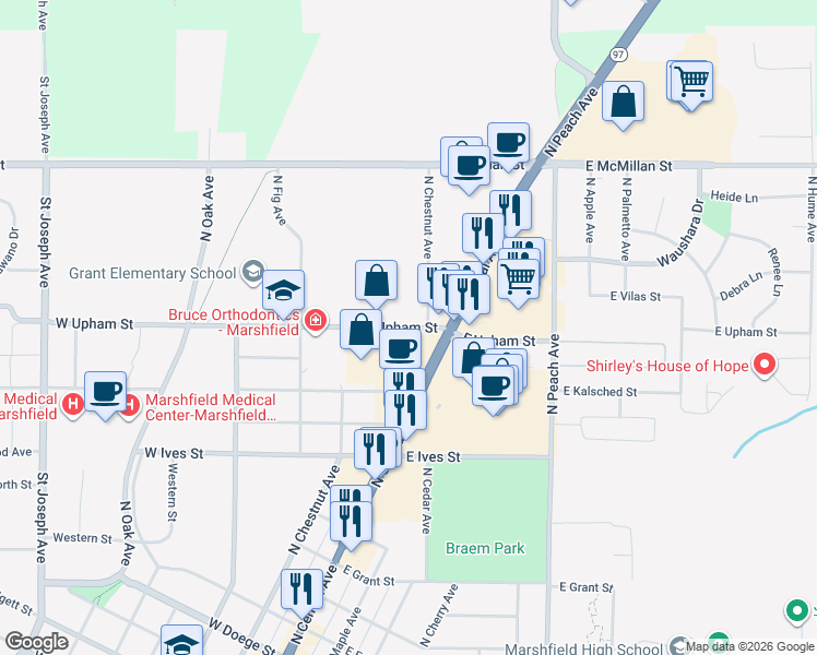map of restaurants, bars, coffee shops, grocery stores, and more near 244 West Upham Street in Marshfield