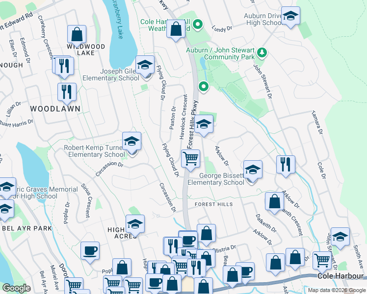map of restaurants, bars, coffee shops, grocery stores, and more near 27 Havelock Crescent in Dartmouth