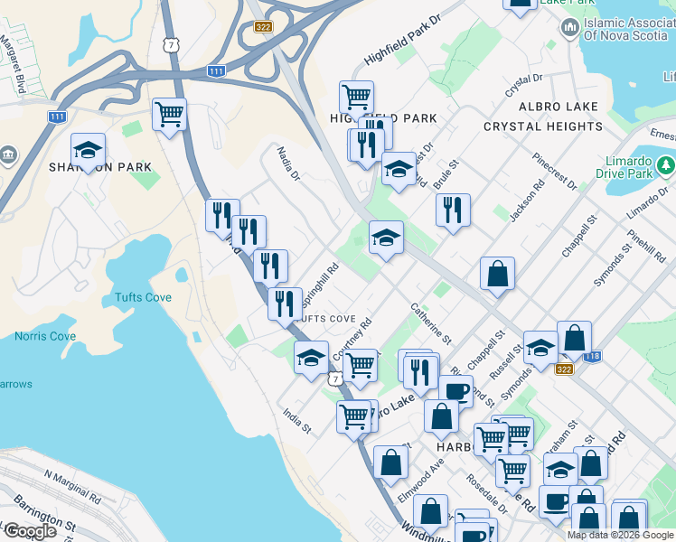map of restaurants, bars, coffee shops, grocery stores, and more near 30 Springhill Road in Dartmouth