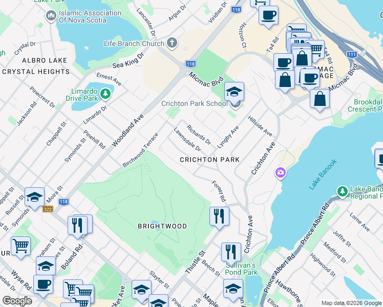map of restaurants, bars, coffee shops, grocery stores, and more near 18 Clearview Crescent in Dartmouth