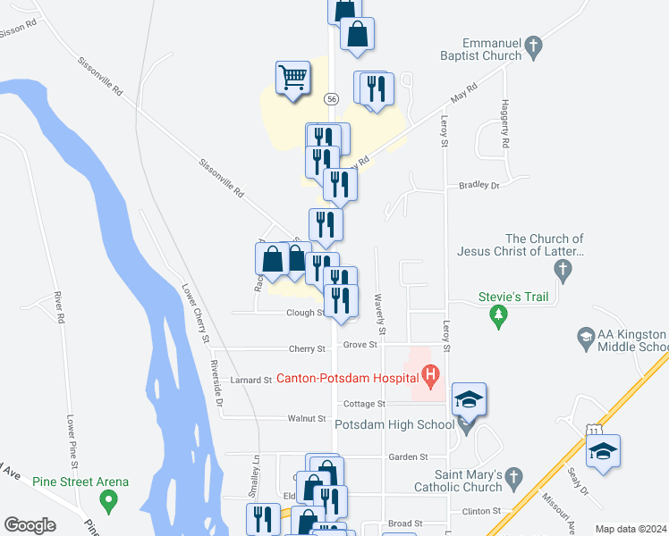 map of restaurants, bars, coffee shops, grocery stores, and more near 150 Market Street in Potsdam