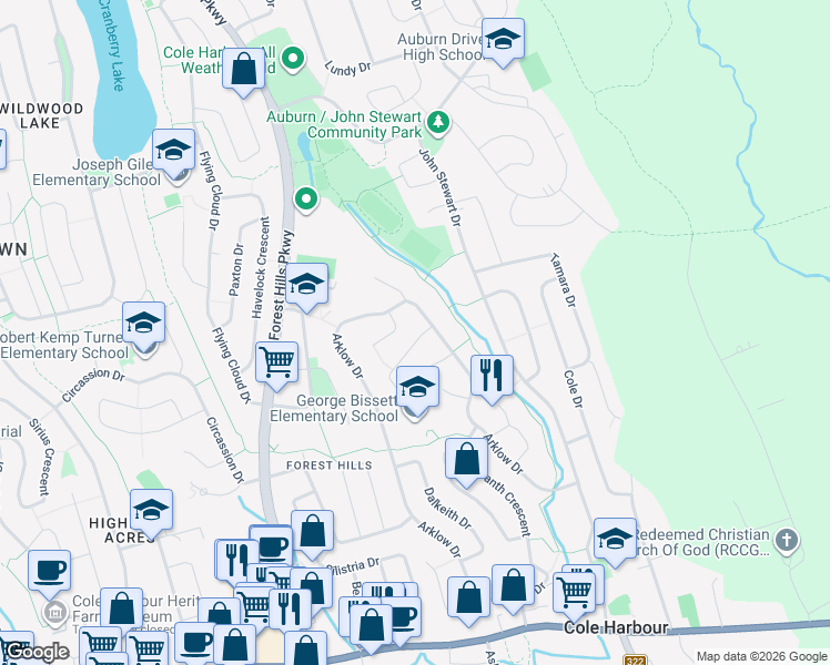 map of restaurants, bars, coffee shops, grocery stores, and more near 98 Fieldwood Circle in Dartmouth