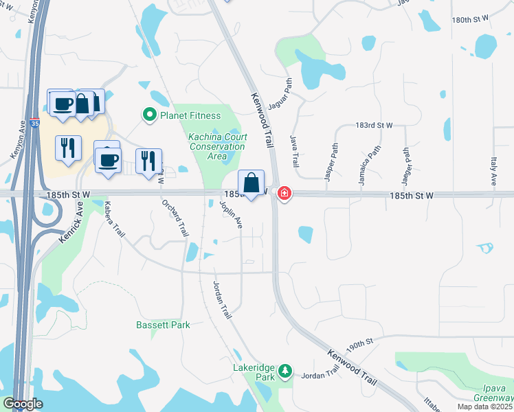 map of restaurants, bars, coffee shops, grocery stores, and more near 18584 Joplin Avenue in Lakeville