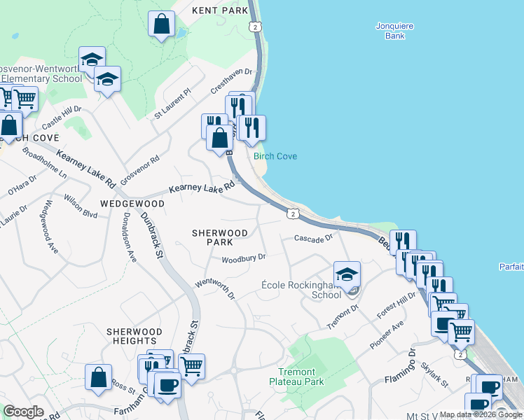 map of restaurants, bars, coffee shops, grocery stores, and more near 20 Four Mile Lane in Halifax