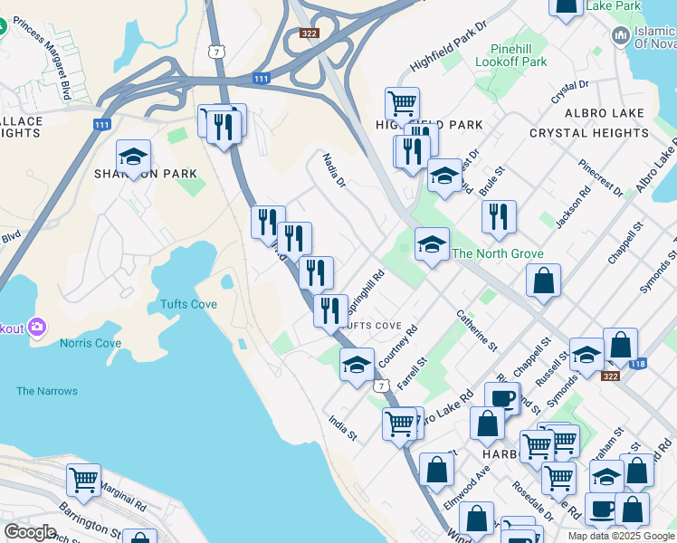 map of restaurants, bars, coffee shops, grocery stores, and more near Parkstone Road in Dartmouth