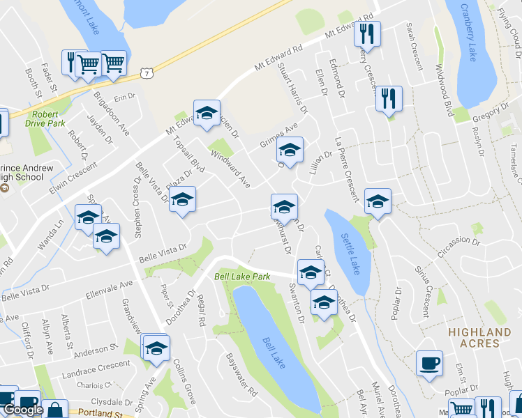 map of restaurants, bars, coffee shops, grocery stores, and more near Whynette Place in Dartmouth