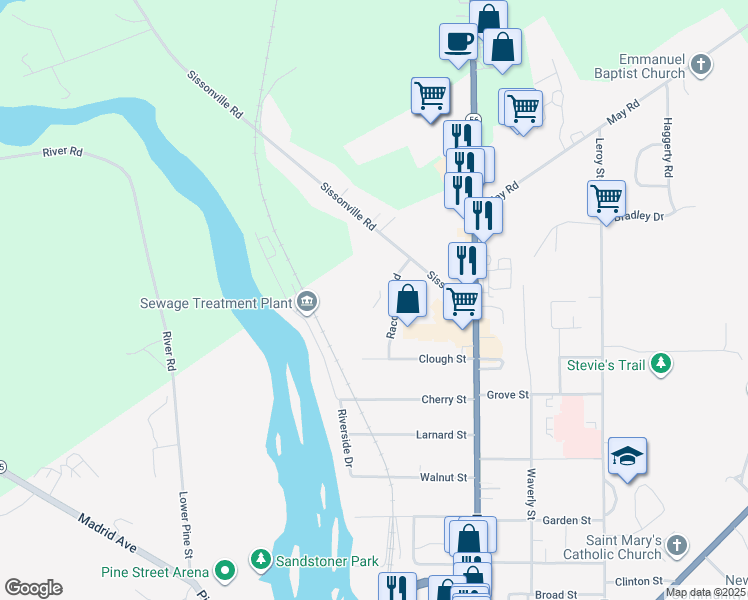 map of restaurants, bars, coffee shops, grocery stores, and more near 1 Racquette Road in Potsdam