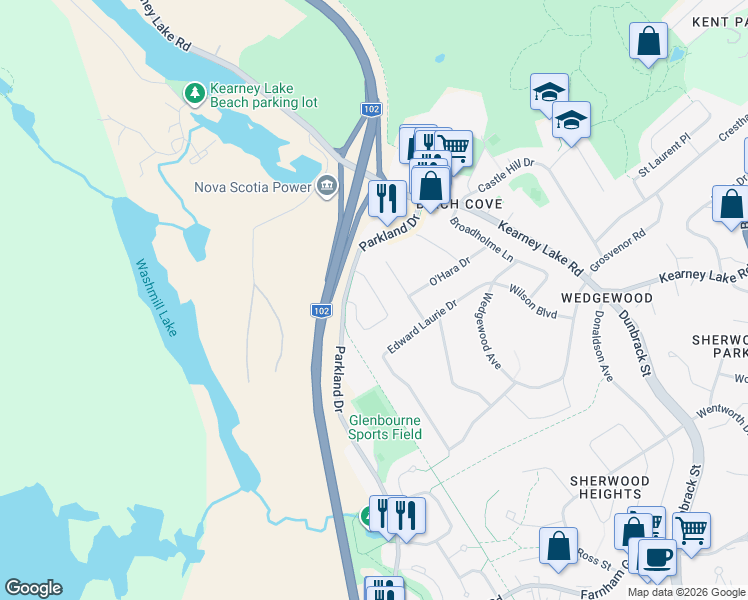 map of restaurants, bars, coffee shops, grocery stores, and more near 98 Castlepark Grove in Halifax