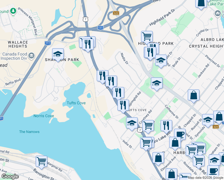 map of restaurants, bars, coffee shops, grocery stores, and more near 364 Windmill Road in Dartmouth