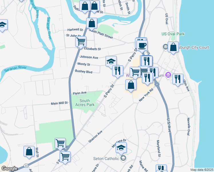 map of restaurants, bars, coffee shops, grocery stores, and more near 78 South Peru Street in Plattsburgh
